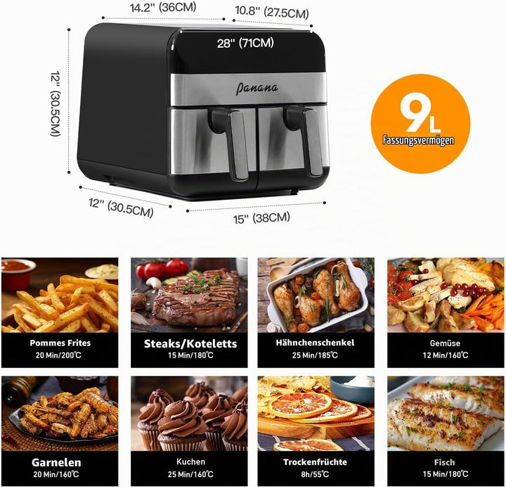 Dual-Zone Airfryer mit 9L Grosskapazität: 8-in-1 Kochfunktionen, geeignet für Airfrying, Braten, Ent