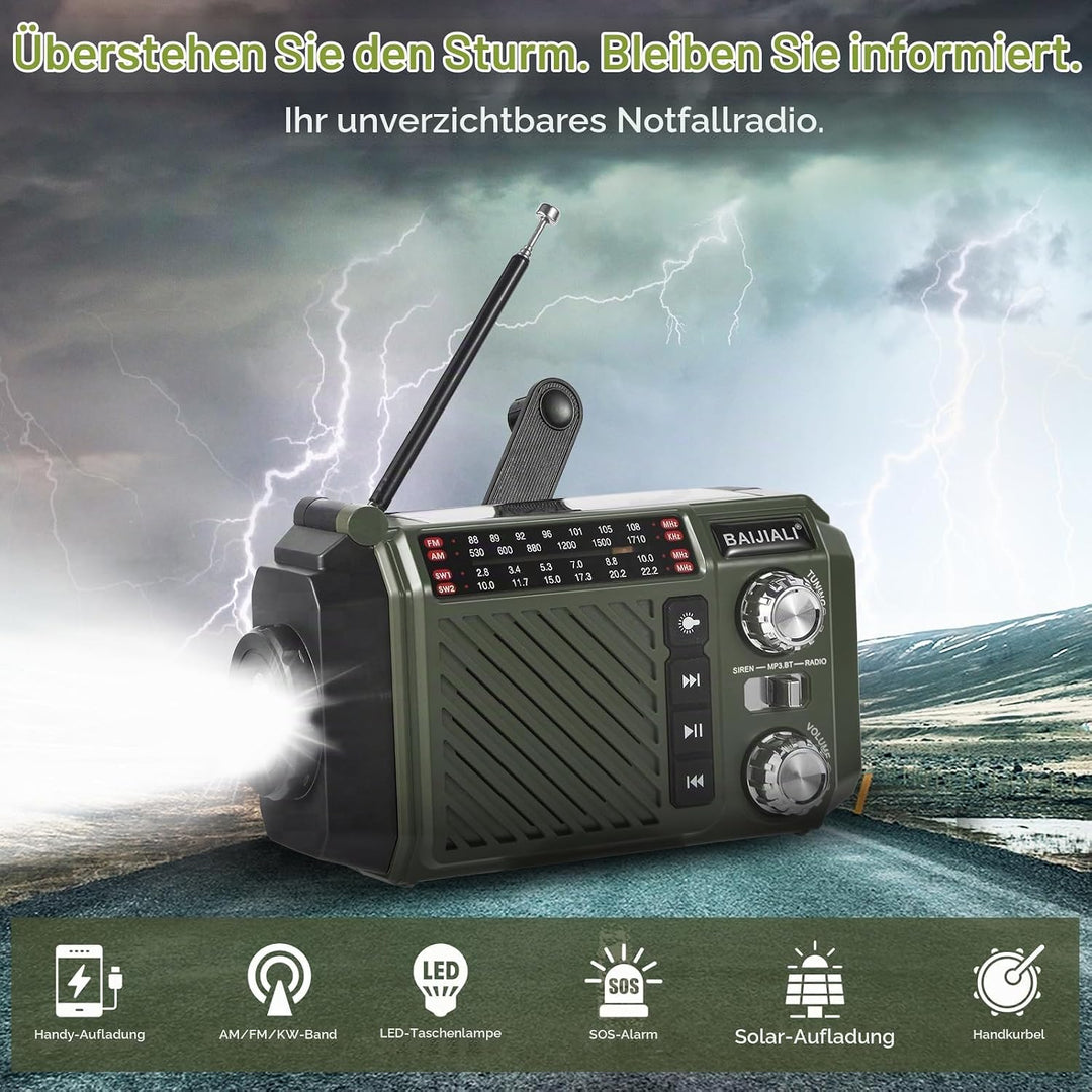 Kurbelradio Notfallradio mit 2600mAh Powerbank, Solar &amp; USB-C Ladung, AM/FM/SW Weltempfänger, LED-Ta