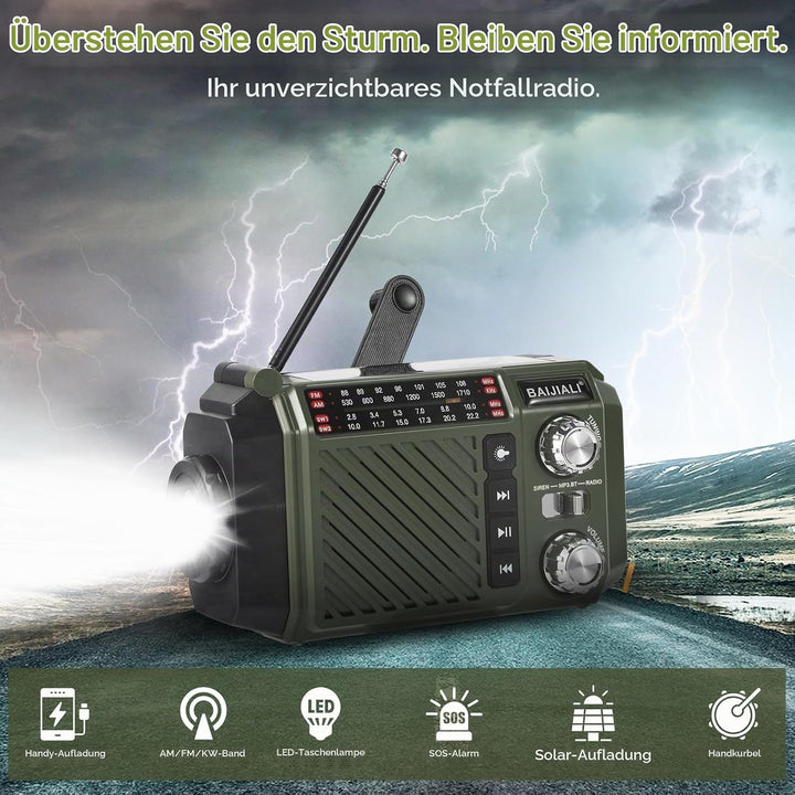 Kurbelradio Notfallradio mit 2600mAh Powerbank, Solar &amp; USB-C Ladung, AM/FM/SW Weltempfänger, LED-Ta