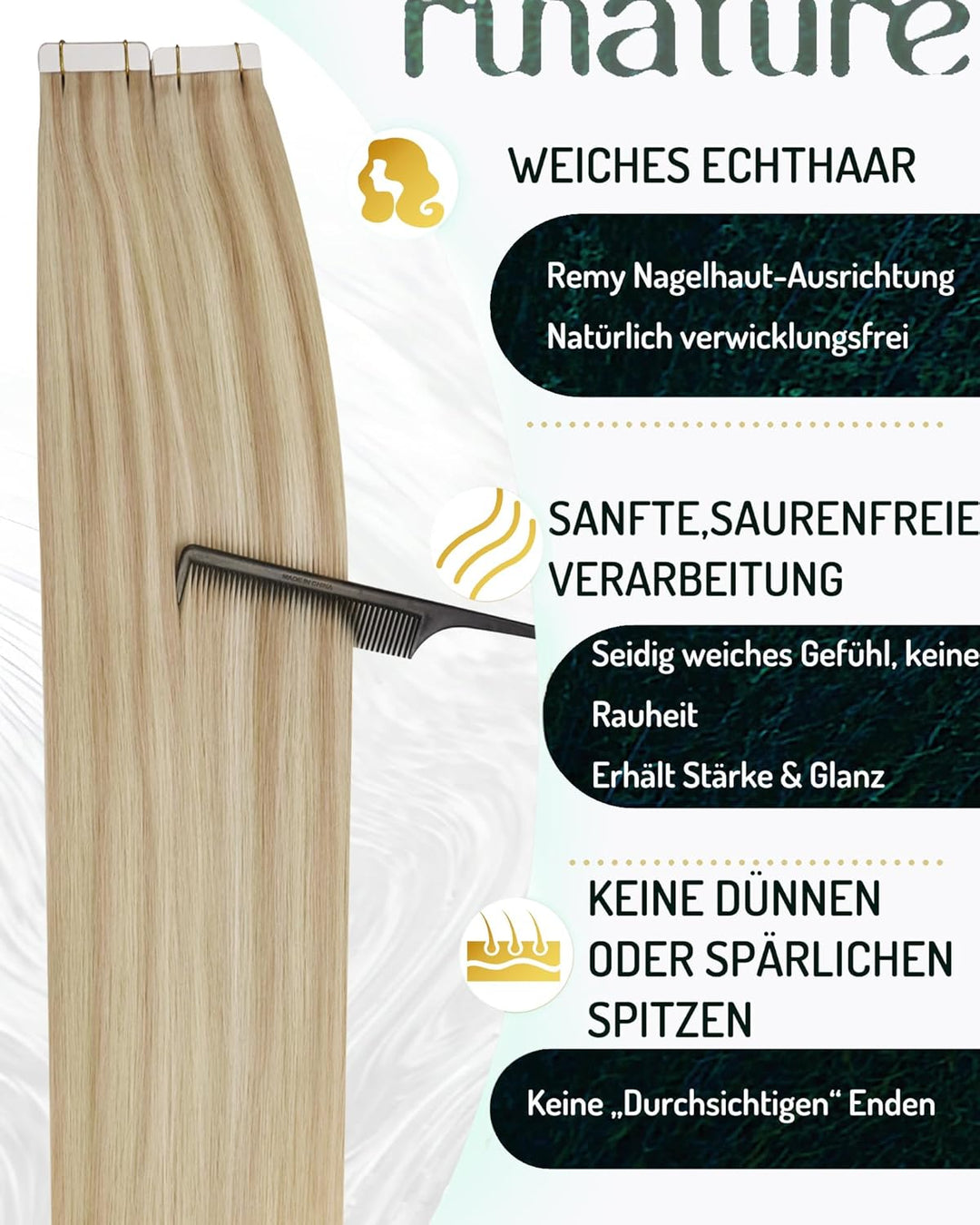 RUNATURE Blond Tape Echthaar Extensions 45cm Aschblond mit Platinblond Tape in Haarverlangerung Remy