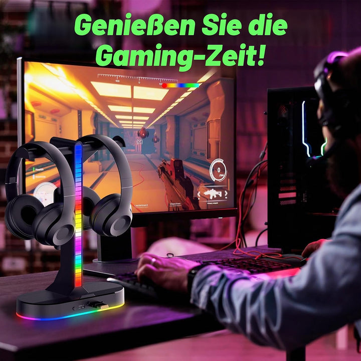 ALACOO Dual Headset Halterung mit LED-Beleuchtung, Headset Ständer RGB, Kopfhörer Ständer, Gaming Ko