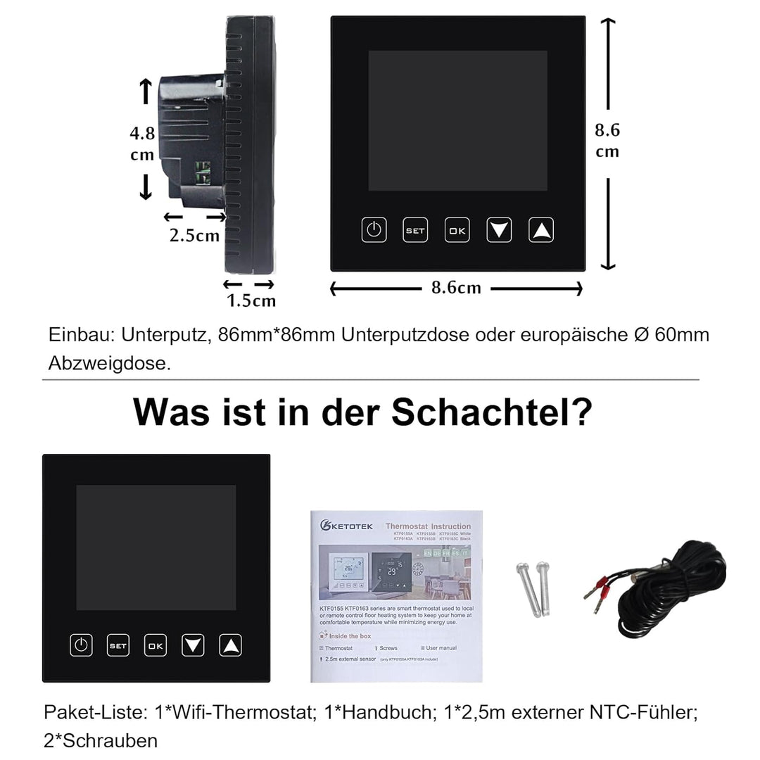 KETOTEK Elektrische Fussbodenheizung Thermostat WiFi 16A Alexa Google Assistant Kompatibel, WLAN Rau