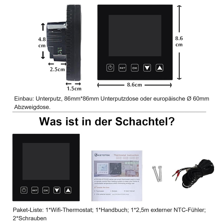 KETOTEK Elektrische Fussbodenheizung Thermostat WiFi 16A Alexa Google Assistant Kompatibel, WLAN Rau