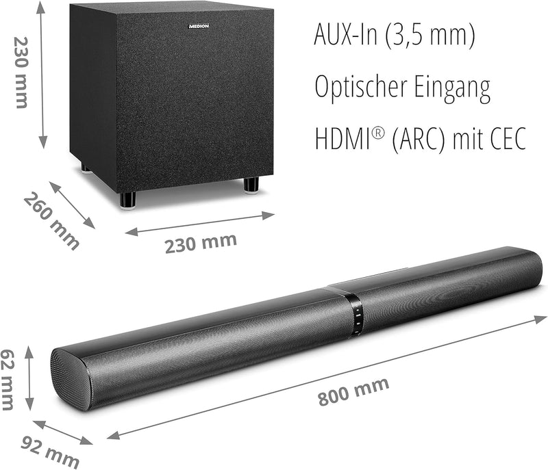 MEDION P64150 2in1 Convertible Bluetooth TV Soundbar mit Funk-Subwoofer (2.1 Soundbar, 2 x 30 Watt,