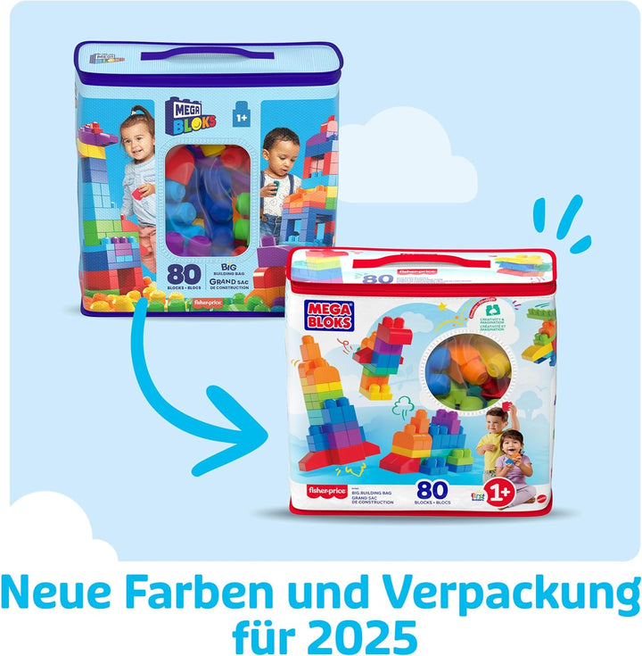 MEGA BLOKS Fisher-Price Bausteine für Kleinkinder, grosser Bausteinebeutel mit 80 Teilen und Aufbewa