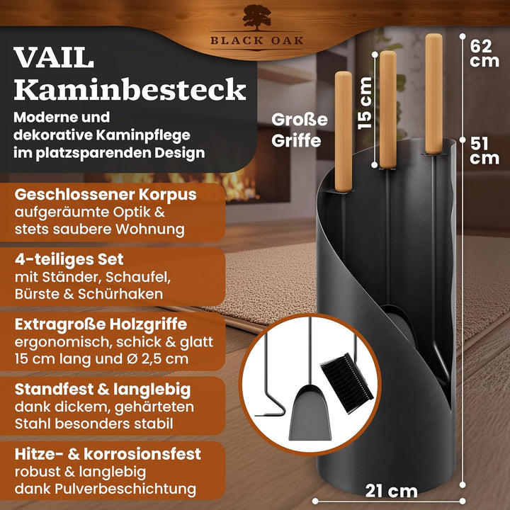 BLACK OAK Kaminbesteck VAIL 4-teilig - modernes Ofenbesteck Set schwarz mit Holzgriff 4 teilig mit S