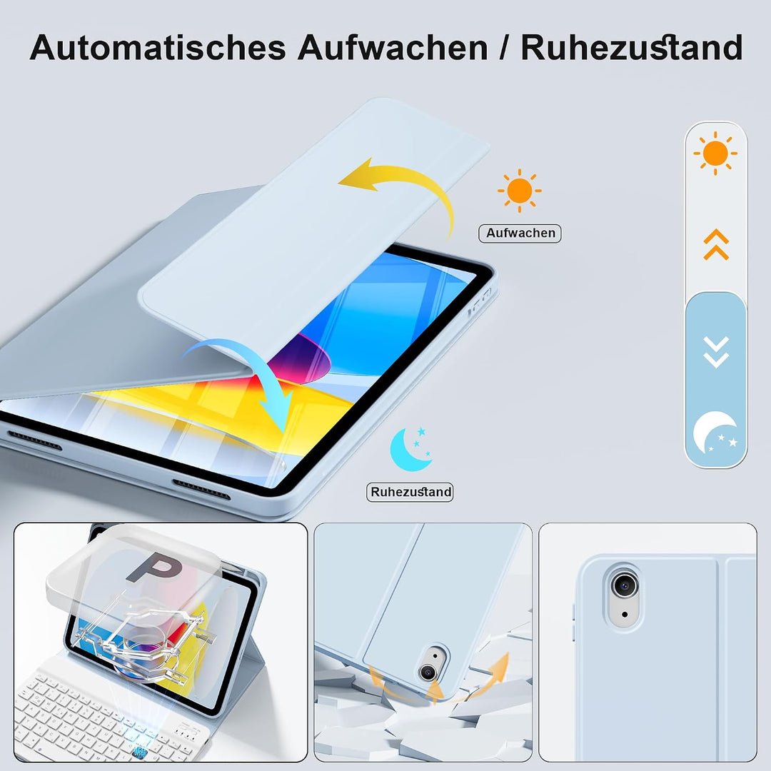 Tastatur Hülle für iPad A16 11. Gen/iPad 10. Gen, QWERTZ, Hellblau, Hellblau
