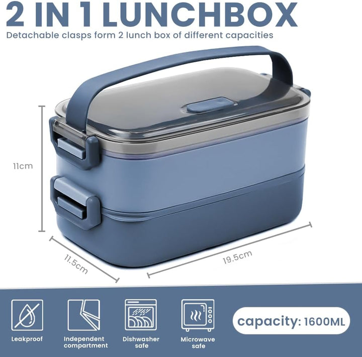 Bugucat Lunchbox 1600ML,2 in 1 Bento Box Brotdose Auslaufsicher Luftdichte Brotzeitbox mit Fächern u