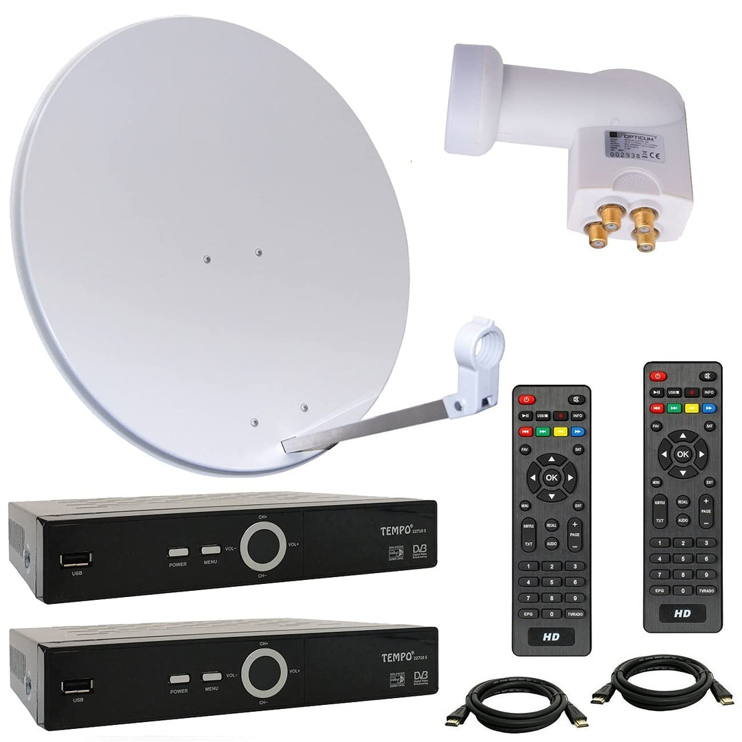 HD Sat Anlage 80 cm Spiegel + Opticum Quad LNB für 4 Teilnehmer + 2 Stück HD SAT Receiver (3 Farben