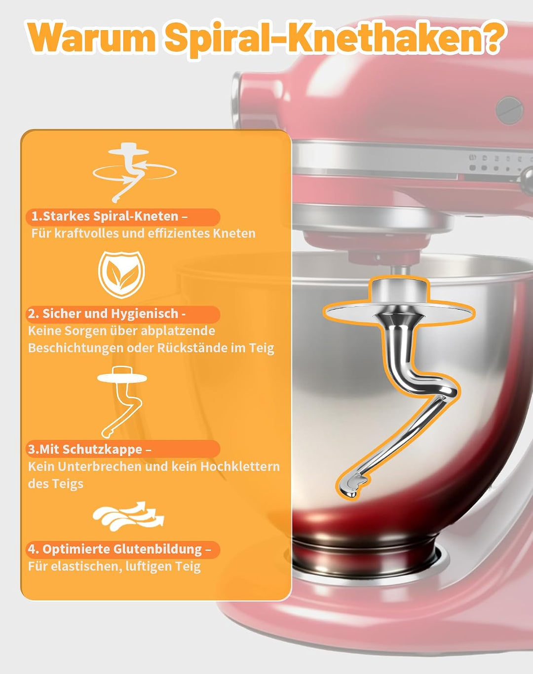Spiral Knethaken Edelstahl für KitchenAid 4,5–5QT, K45DH Knethaken mit Schutzkappe für KitchenAid 4.