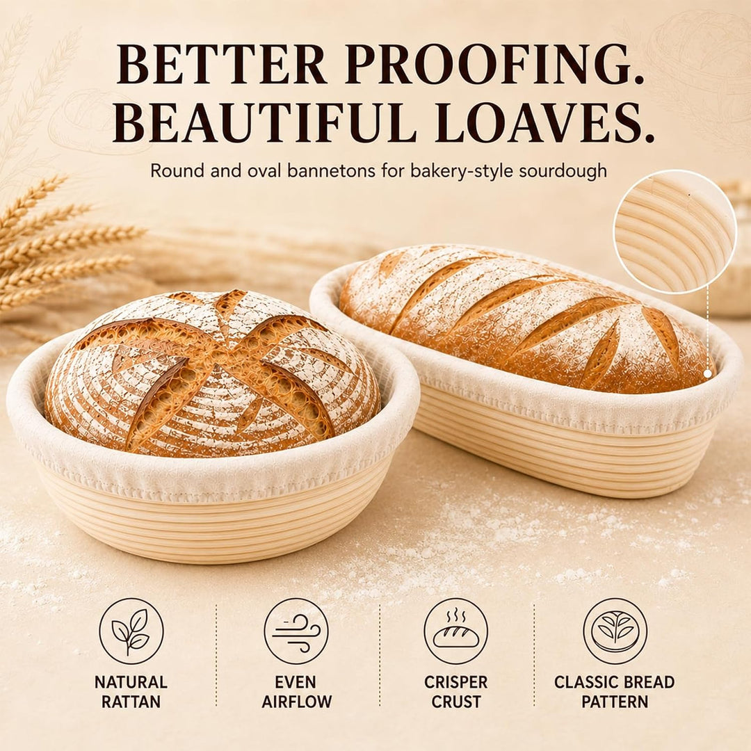 Sauerteig Starter Set mit Gärkörbchen, Komplettset Brot Backen Zubehör | 23 cm Rund &amp; 25 cm Oval Gär