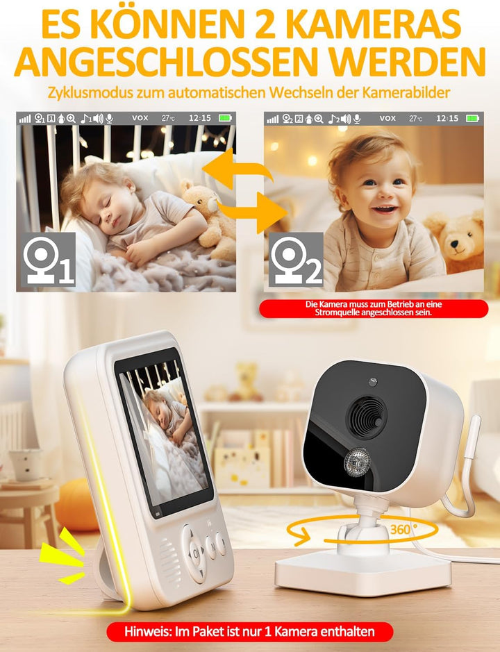 BURNNOVE Babyphone mit Kamera 720P IPS Video Babyphone ohne WLAN 2000mAh Akku 4X Zoom VOX-Modus Nach