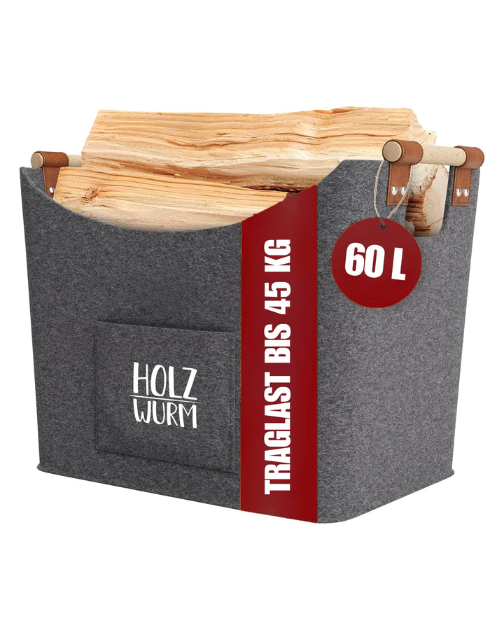 Holzwurm Holzkorb für Kaminholz - Filzkorb gross für Kaminholz Aufbewahrung Innen - Kaminholzkorb bi