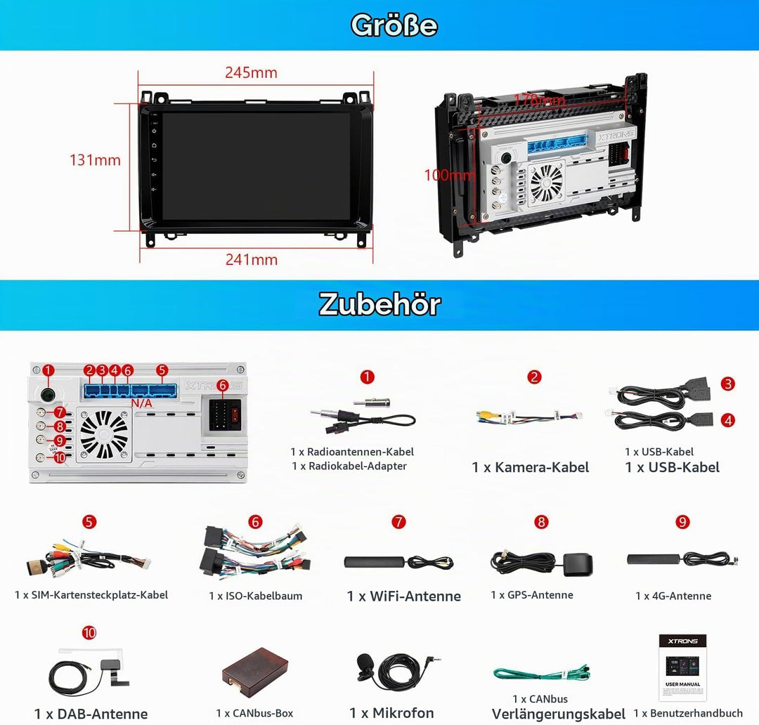 XTRONS Android 14 Autoradio DAB Plus für Mercedes-Benz W169 W245 Sprinter Viano für VW Crafter, 9 Zo