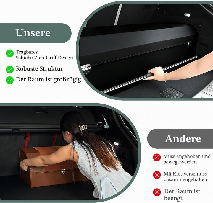 Kofferraum Organizer mit Deckel – Premium NAPPA-Leder, Tragbarer Push-Pull-Griff &amp; Stabile Universal