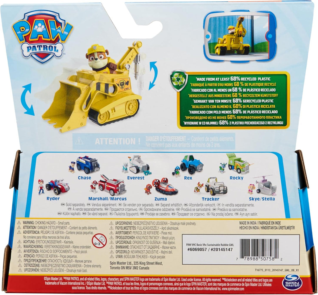 PAW Patrol, Baustellen-Fahrzeug mit Rubble-Figur (Sustainable Basic Vehicle/Basis Fahrzeug), Spielze