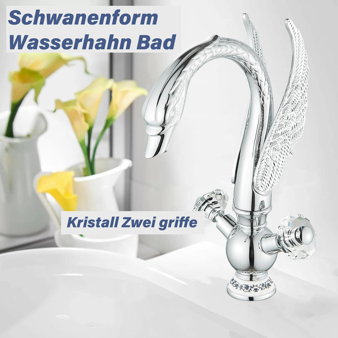 Wasserhahn Bad Waschtischarmatur Schwanenform Kristallgriffe Hoch Waschtischarmatur 360° Schwenkbar