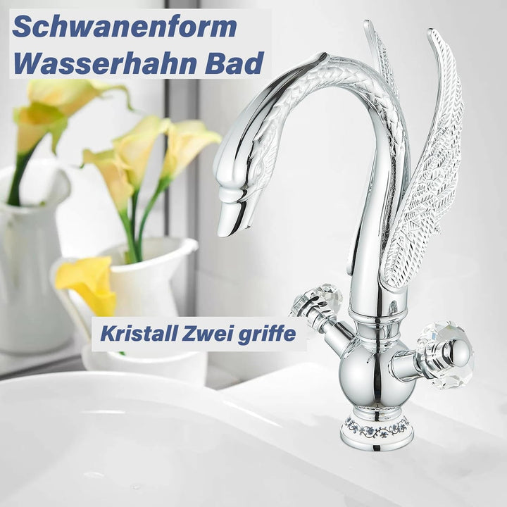 Wasserhahn Bad Waschtischarmatur Schwanenform Kristallgriffe Hoch Waschtischarmatur 360° Schwenkbar