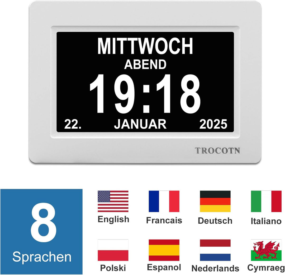 TROCOTN 7 Zoll Digitaluhr Tagesuhr Grosses Display Wecker Wanduhr (weiss) 7 Zoll Weiss, 7 Zoll Weiss