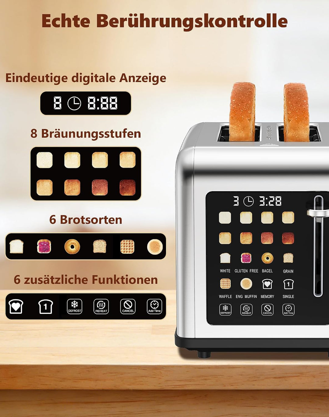 Toaster 2 Scheiben, Edelstahl Langschlitztoaster mit Smart Touchscreen & LED-Countdown, 8 Bräunungss
