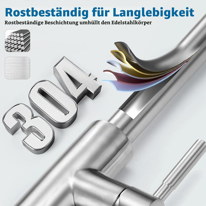 Wasserhahn Küche, Hochdruck Küchenarmatur Edelstahl Armatur Küche, mit 360° Schwenkauslauf | Einhebe
