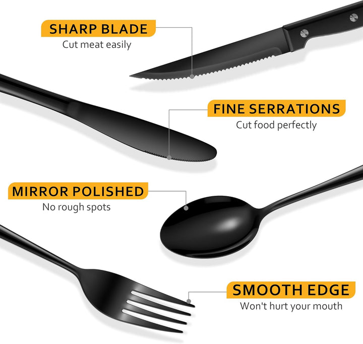Velaze Besteck Set Schwarz 8 Personen, 48 teilig Besteckset mit Steakmesser, Glänzendes Essbesteck S