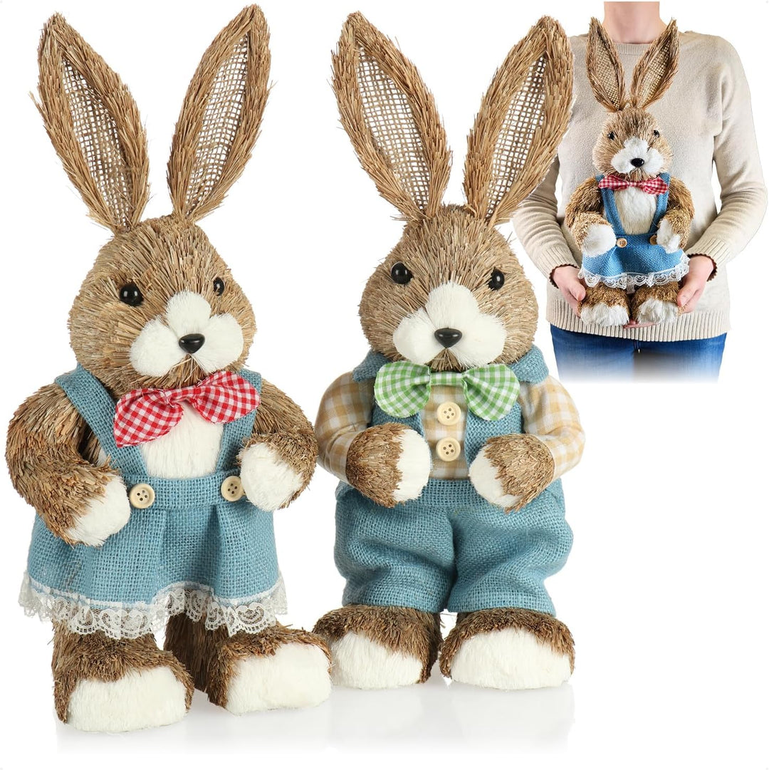 com-four® 2X Stroh Osterhase handgemacht - Deko-Osterhase zur Osterdekoration - Strohfiguren für Ost