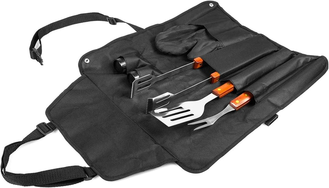 Profi Grillset mit Schürze und 7 Grillutensilien aus Edelstahl Barbecue Set mit Handschuh Pfannenwen