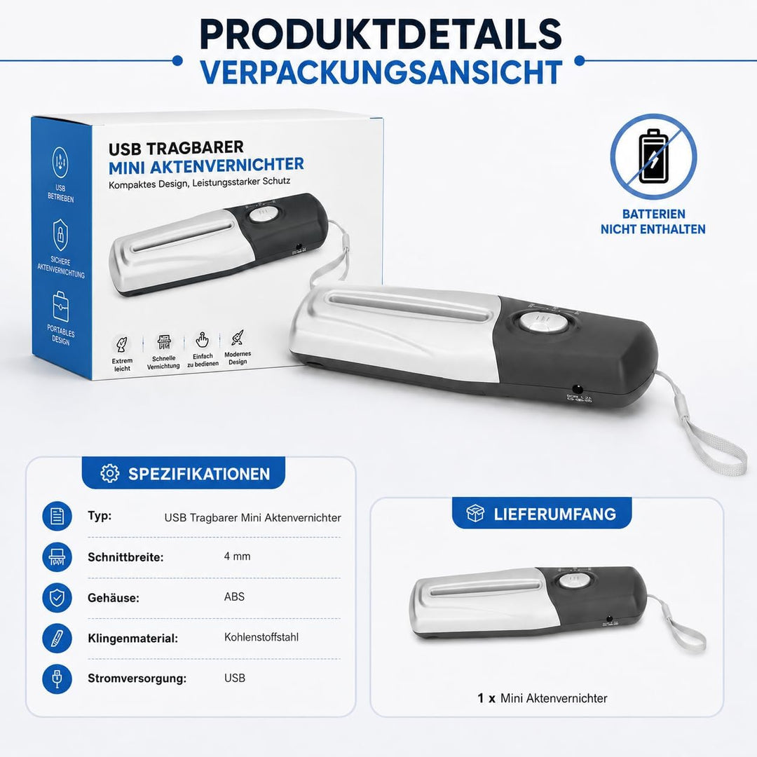 Tragbarer Elektrischer Mini-USB-Aktenvernichter, manueller Aktenvernichter mit USB-Akku für Zuhause,