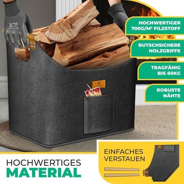 KESSER® Brennholzkorb XXL 90 Liter | Kaminholztasche extra dicker Filz | Feuerholzkorb faltbar mit v