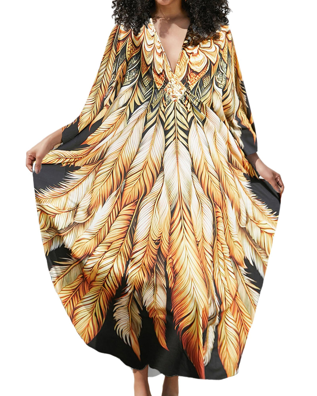 Bsubseach Damen Ethnic Print Kaftan Beach Dress Plus Size Strandkleid Goldene Feder, Goldene Feder