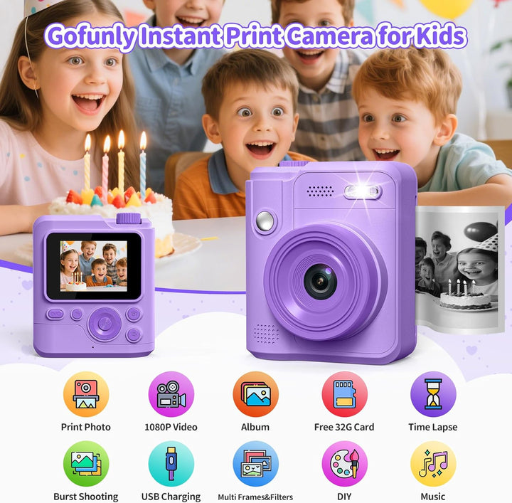 Gofunly Sofortbildkamera Kinder, 1080P HD Kinderkamera Sofortbildkamera mit 32GB Karte & DruckerPapi