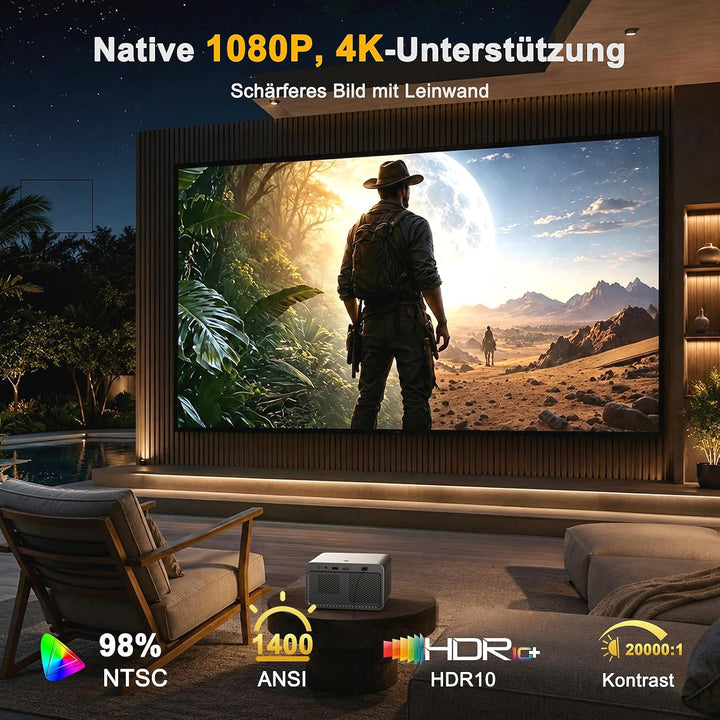 Beamer-4K kompatibel mit Netflix &amp; Dolby Audio, 1080P, Autofokus, HDMI CEC | WiFi 6 &amp; Bluetooth 5.4,