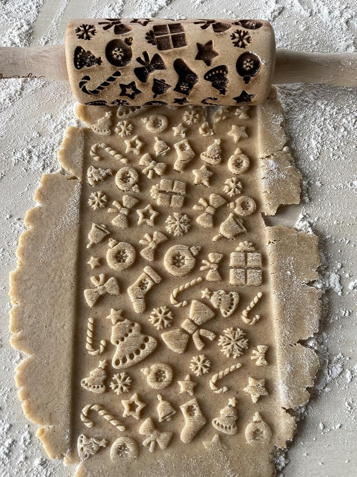 Kinder Nudelholz mit Muster Weihnachten Backen 3-er SET - Teigroller Holz für DIY Weihnachten Plätzc