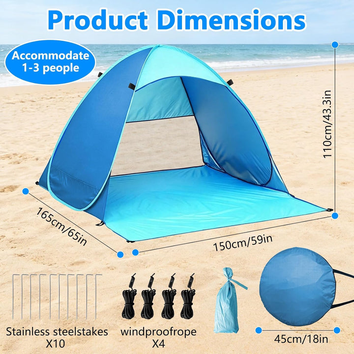 Pop Up Strandmuschel, UPF 50+, Windschutz Strand, Strandzelt für 1-3 Personen, inkl. Tragetasche und