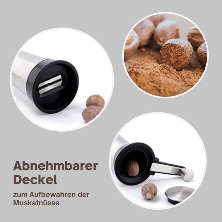 Muskatmühle Gewürzmühle Muskatnussmühle Edelstahl mit Aufbewahrungsbehälter und einklappbarer Kurbel