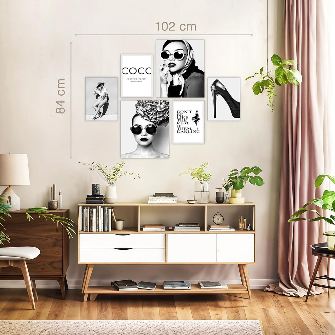 Novart Wandbilder Set Coco Fashion Schwarz Weiss - KEIN EXTRA RAHMEN BENÖTIGT - Modern Deko - Wohnzi