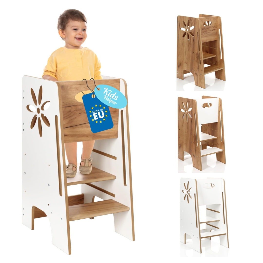 Kitchen Kids Helper Lernturm ab 1 Jahr - Höhenverstellbarer Lernturm Montessori Weiss und Eich 80cm