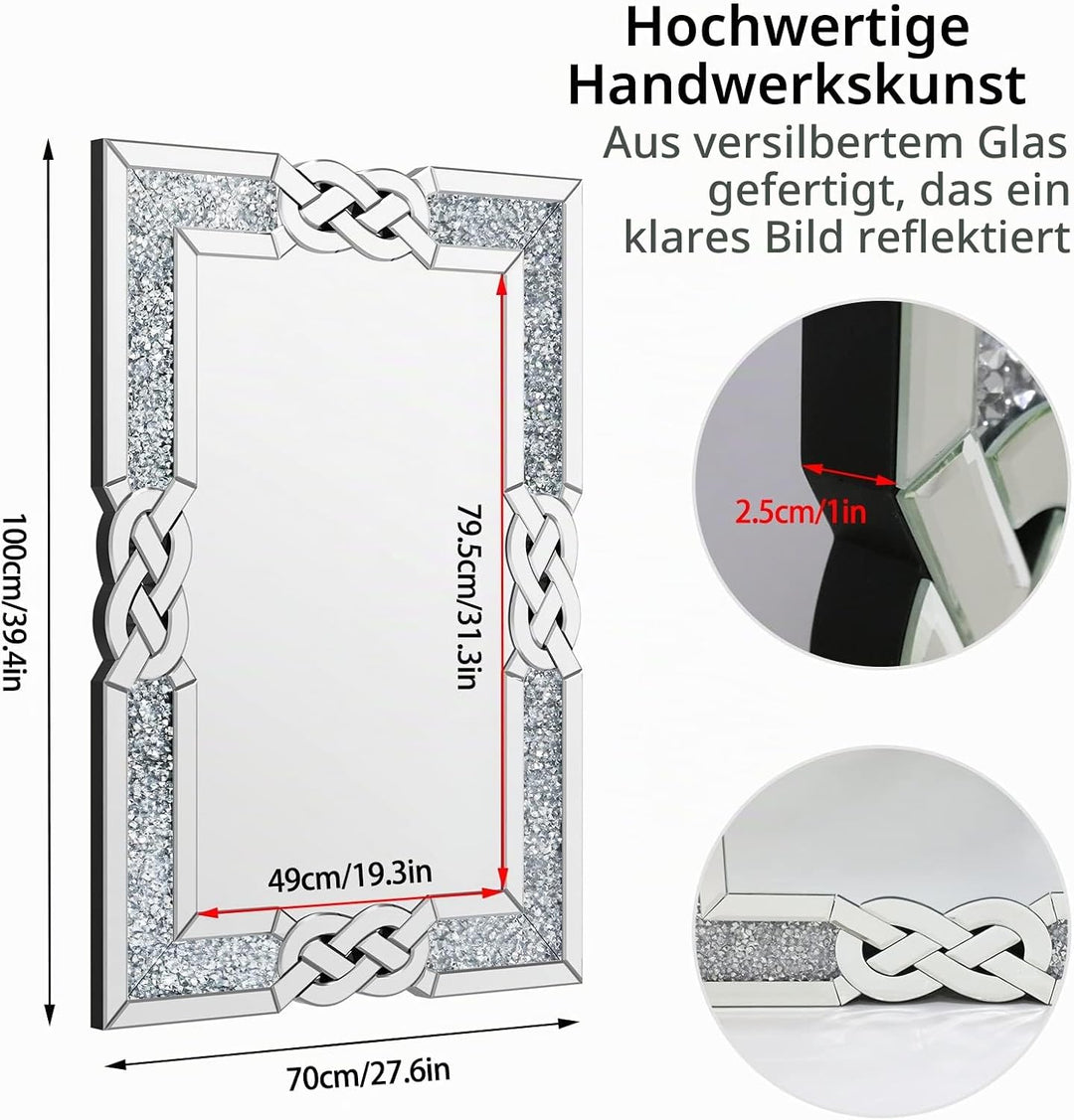 Artloge Dekorative Luxus Kristall Wandspiegel 100×70cm, Modern Spiegel mit Metall Haken Hängespiegel