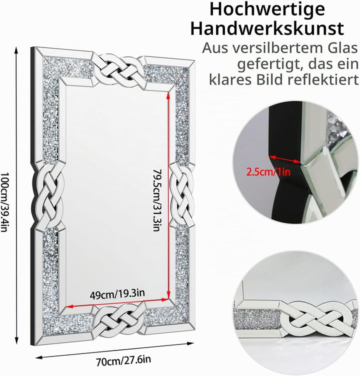 Artloge Dekorative Luxus Kristall Wandspiegel 100×70cm, Modern Spiegel mit Metall Haken Hängespiegel