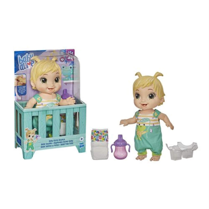 Baby Alive Hüpfendes Kicher-Baby, Frosch-Outfit, 25 Geräusche, trinkt und Macht PIPI, blondhaarige P