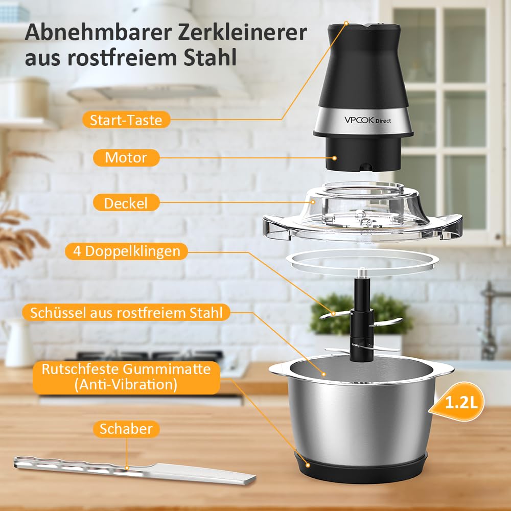 Zerkleinerer küche elektrisch mit 1.2 L Edelstahl Behälter, Elektrischer Multizerkleinerer, Leistung