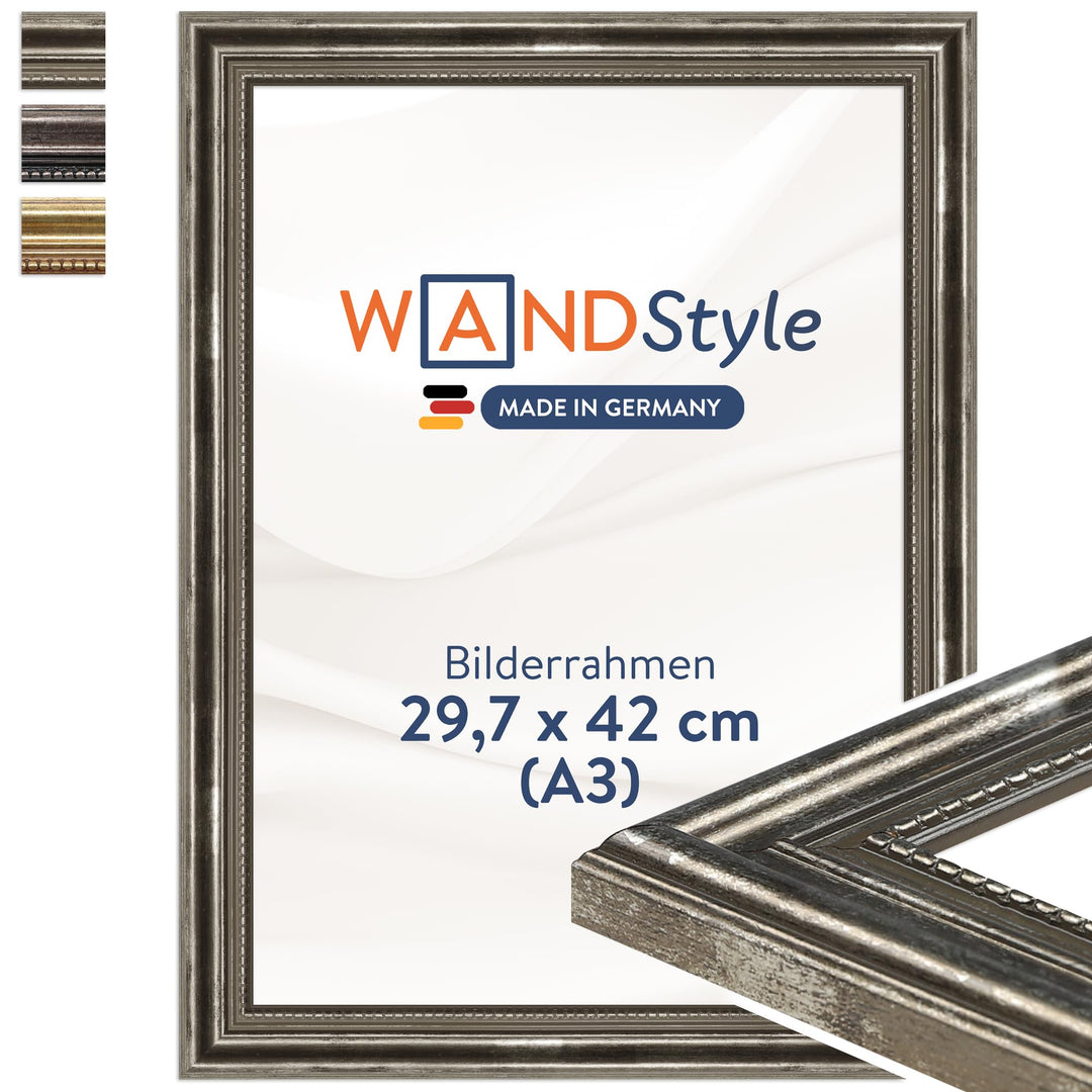 WANDStyle Bilderrahmen Antik 30x42cm DIN A3 I Farbe: Silber I Holzbilderrahmen I Fotorahmen I Silber