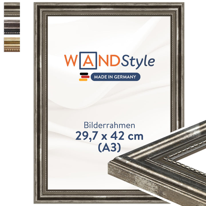 WANDStyle Bilderrahmen Antik 30x42cm DIN A3 I Farbe: Silber I Holzbilderrahmen I Fotorahmen I Silber