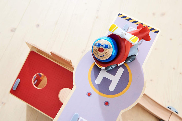 HABA 304847 - Kullerbü – Spielbahn Feuerwehrwache, Holzkugelbahn mit vielen Spieleffekten, Feuerwehr