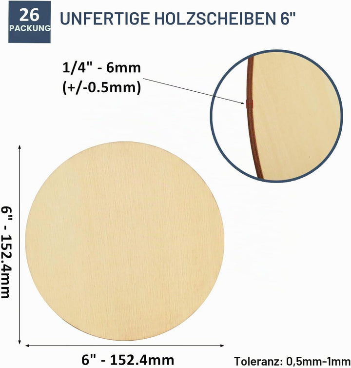 Artificer 6mm Dicke Runde Holzscheiben zum Basteln (26 Stk) 15cm, Sperrholz Blanko Holzplatte Rund 1