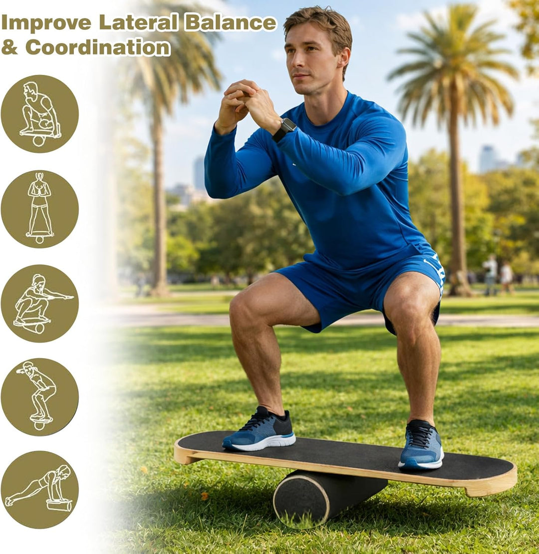 Balance Board, Gleichgewichtsboard Holz, Balanceboards Erwachsene mit verstellbaren Stoppern und Kor