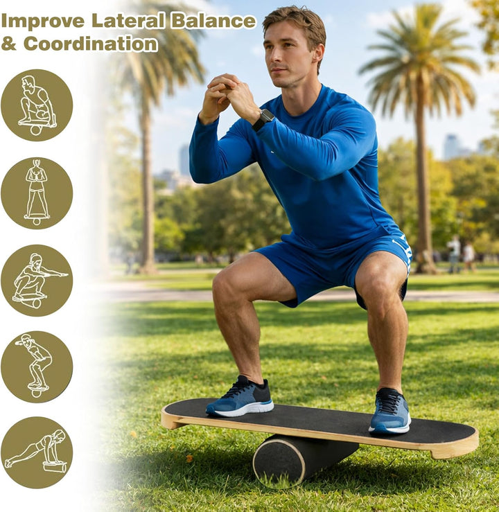 Balance Board, Gleichgewichtsboard Holz, Balanceboards Erwachsene mit verstellbaren Stoppern und Kor