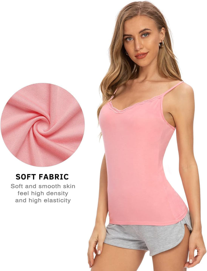 Damen Tanktop mit Spitzen Unterhemd Spaghettiträger Basic Top V-Ausschnitt Verstellbare Trägertop 4e
