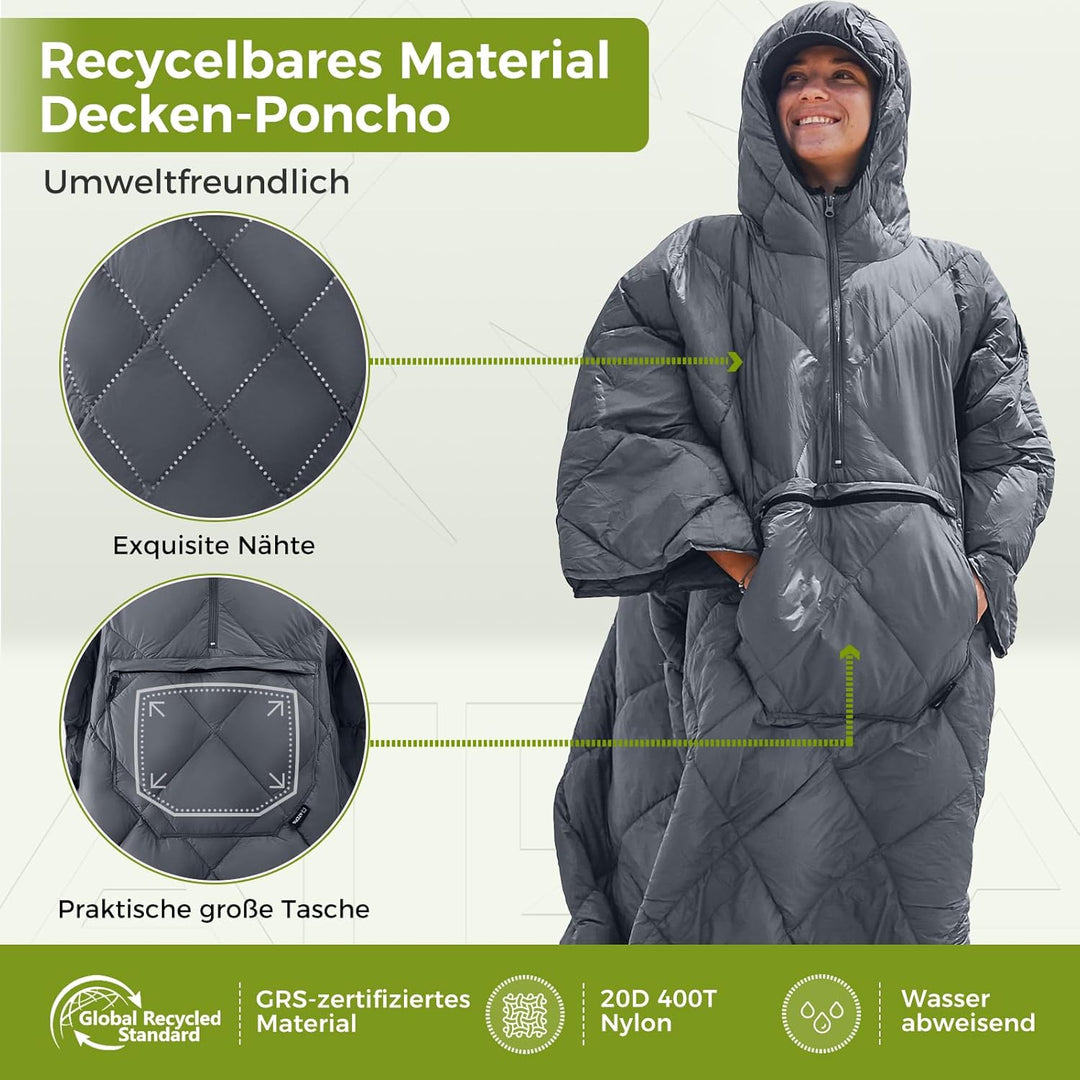 ATEPA Camping Poncho Decke & Tragbarer Schlafsack – Ultraleichte Warme Outdoor Decke Aus Recycelten